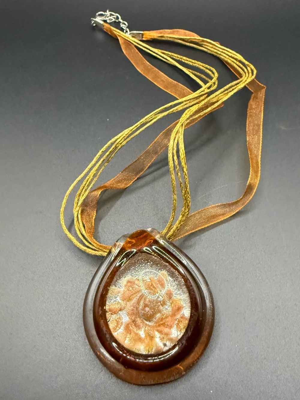 Handcrafted Brown & Gold Floral Glass Pendant Necklace